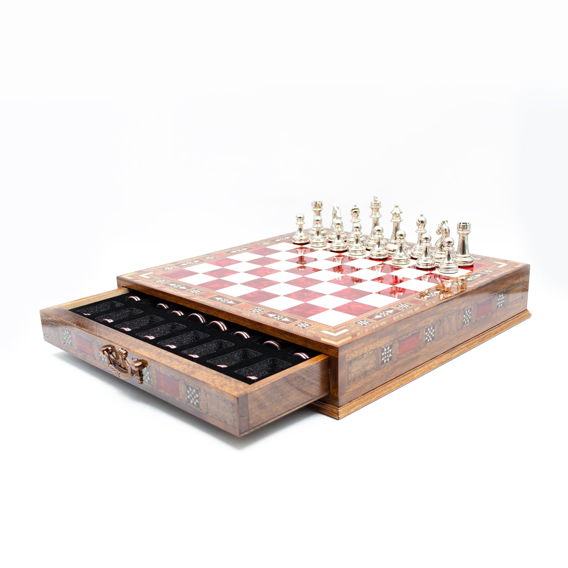 Luxury Wooden Chess Set With Storage Units - Copper And Silver Metal Chess Pieces