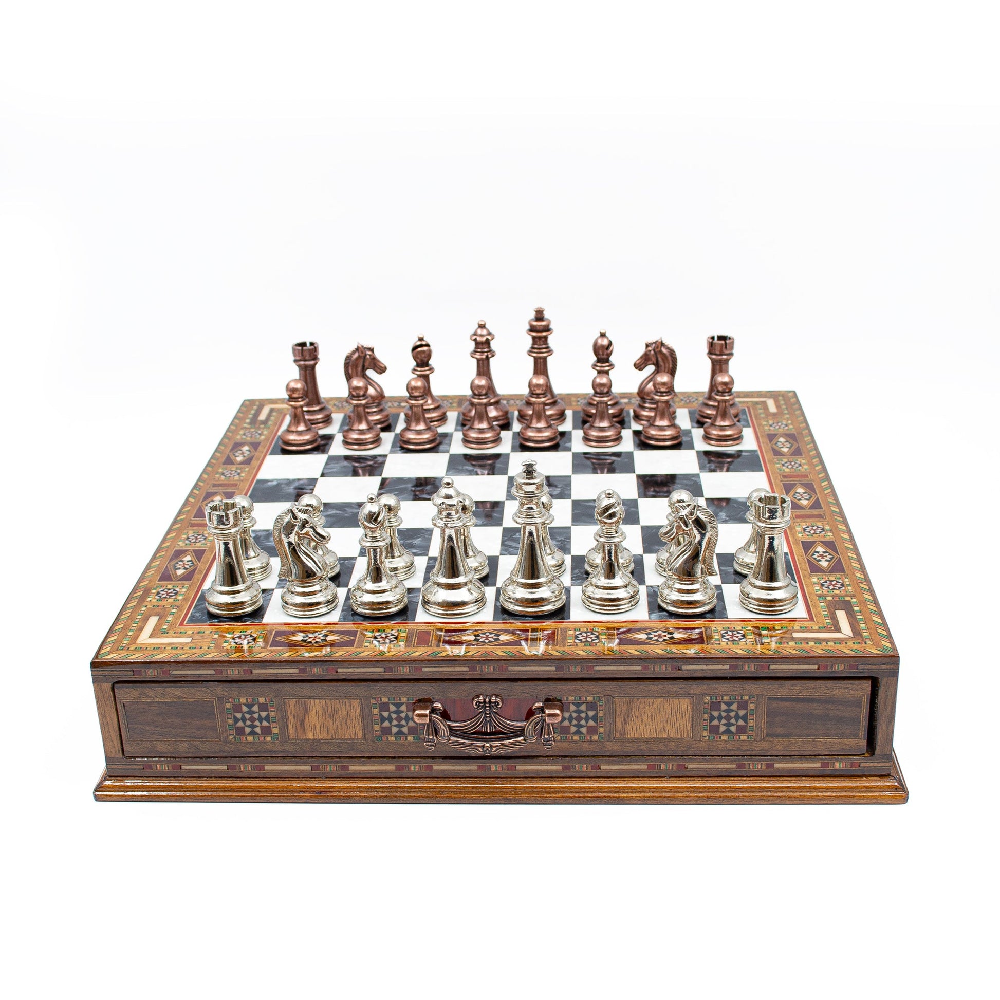 Luxury Wooden Chess Set With Storage Units - Copper And Silver Metal Chess Pieces (Black Board)