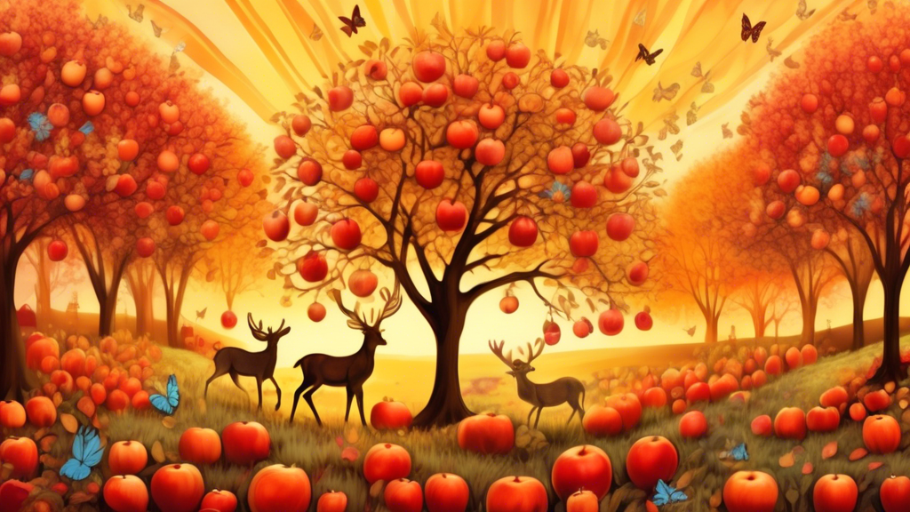 An enchanted orchard in autumn with whimsical apple trees, ripe red apples glistening under a golden sunset, surrounded by fluttering butterflies and a family of deer grazing peacefully.