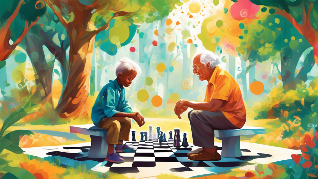 An imaginative scene of a young child and an elderly man deeply focused while playing chess in a serene park, surrounded by lush greenery and gentle sunlight filtering through the trees, with shimmeri