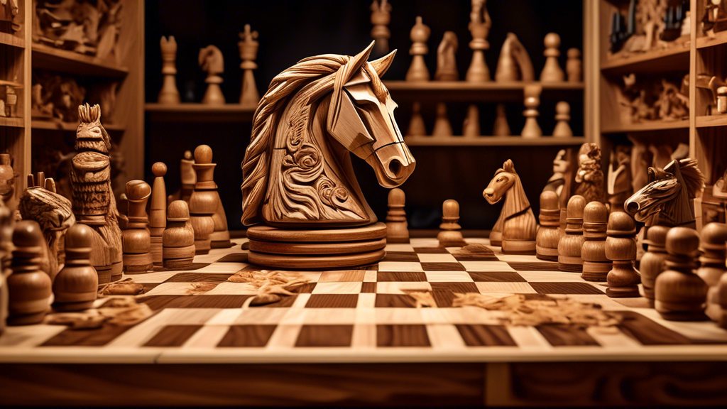 An intricate workshop with wood shavings on the floor, showcasing a craftsman in the middle of carving a detailed knight chess piece from walnut wood, surrounded by various carving tools and other par