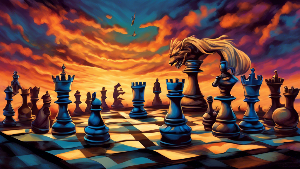 An artistic interpretation of a battle between chess and checkers pieces on a board, with chess pieces strategizing and checkers pieces leaping, set in a medieval fantasy realm under a twilight sky.