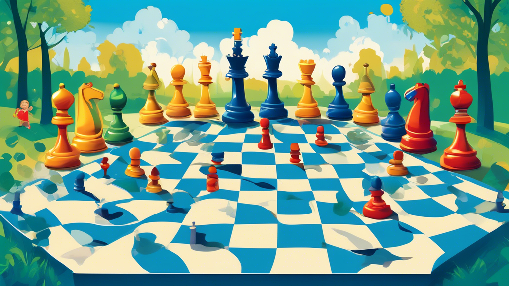 A whimsical illustration of a grand chessboard transitioning into a checkers board, with chess pieces on one side and checkers pieces on the other, set in a serene park with children and adults of var