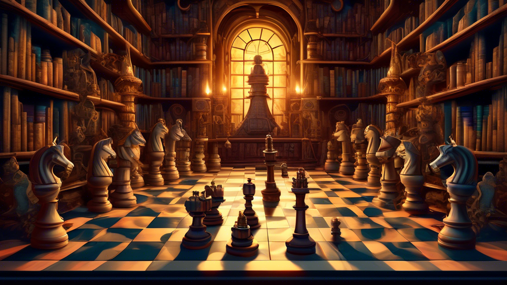 An imaginative chessboard with chess pieces including kings, queens, and pawns, all designed with unique gears and mechanical elements that allow them to move backwards, set in a mystical library with