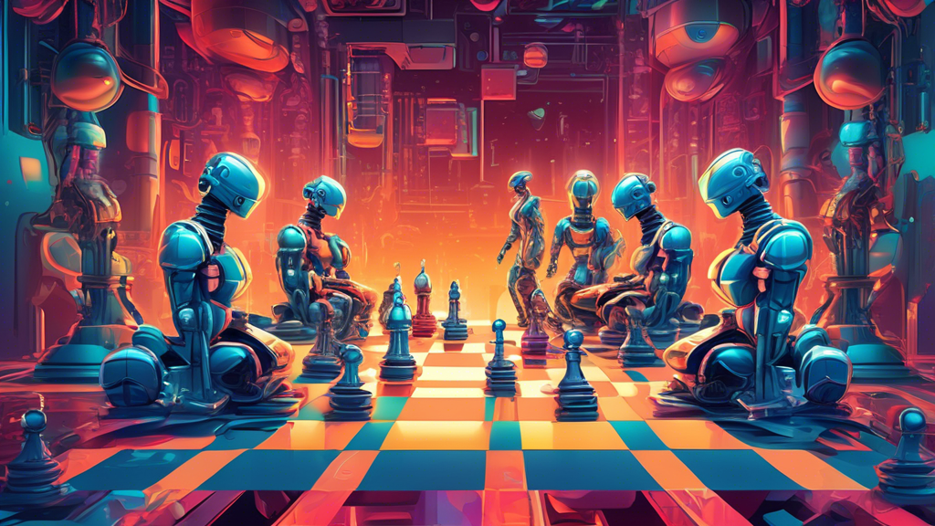 An intricate chessboard with futuristic AI robots and human players analyzing a complex game, set in a brightly lit, high-tech environment, symbolizing the intellectual challenge of solving chess.