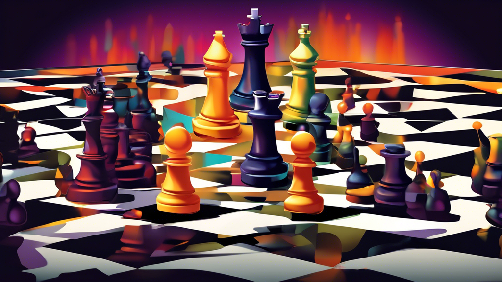 Digital artwork of a half chess and half checkers board, with a computer screen in the background displaying two players engaging in an online match, one side populated by chess pieces and the other b