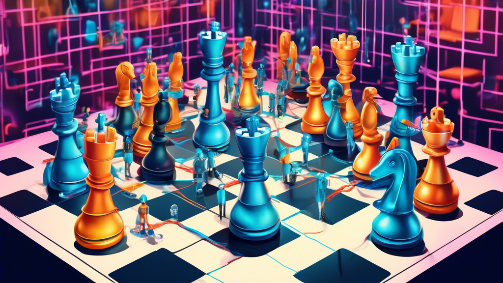 Digital illustration of a giant chessboard suspended in cyberspace, with 3D chess pieces and disconnected network cables, symbolizing server downtime. In the background, a crowded virtual waiting room