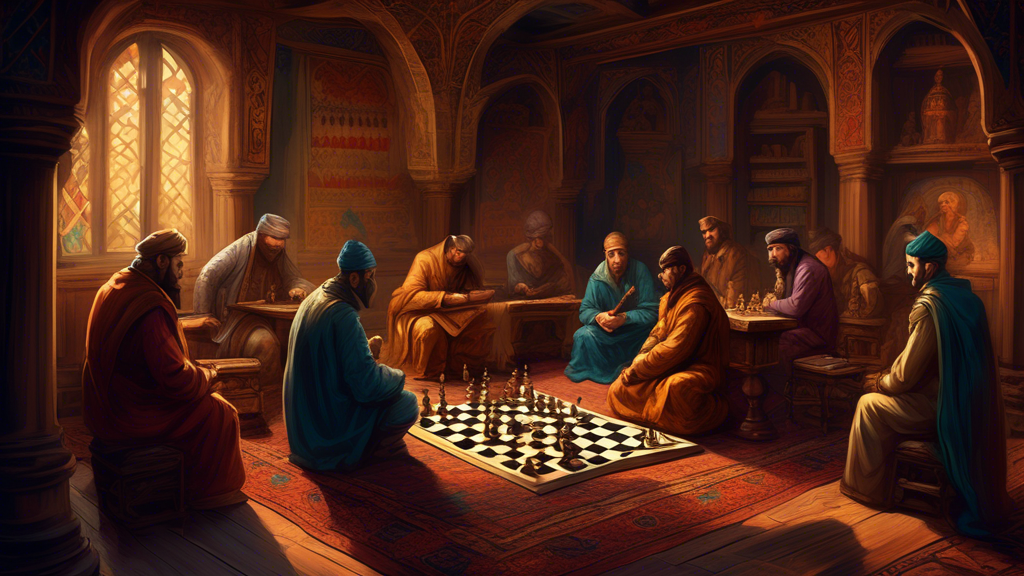 An ancient, dimly lit room with scholars from medieval Persia sitting on ornate carpets, deeply engrossed in playing and discussing the early strategies of chess, with carved wooden chess pieces and a