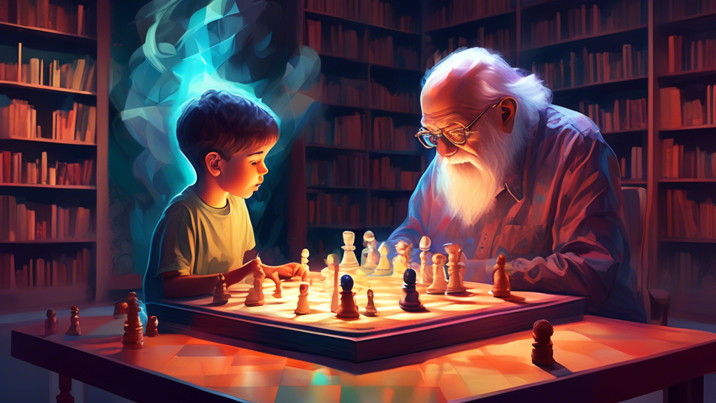 An imaginative digital artwork of a young child and an elderly man deeply focused on playing a chess game under a giant, luminous brain floating above them in a cozy, softly lit library.