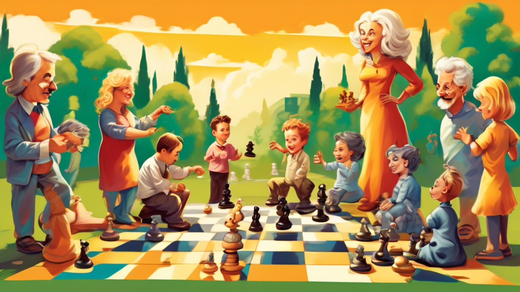 An imaginative scene depicting a giant chessboard on the left with chess pieces strategizing, shadowed by intellectual figures like Albert Einstein and Judith Polgar, contrasted with a vibrant checker