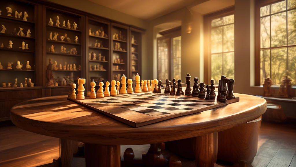 A serene study room with a variety of chess sets displayed on an antique wooden table, each varying in size and style, with a size chart on the wall and soft afternoon sunlight filtering through a nea