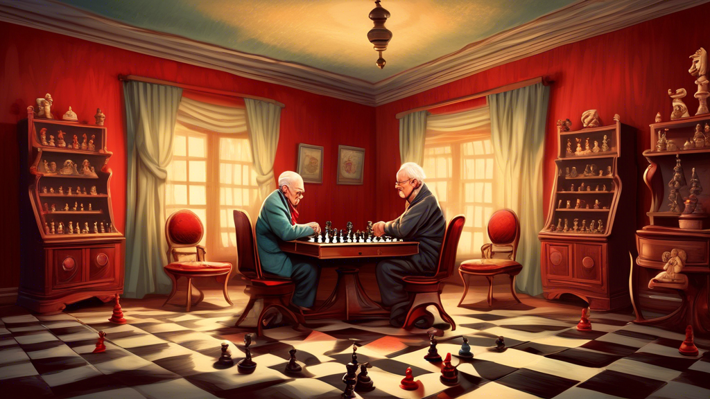 A whimsical illustration depicting a grandiose chessboard on the left with detailed, ornate chess pieces made of dark and light wood, and on the right, a simplistic, bright colored checkers game set o