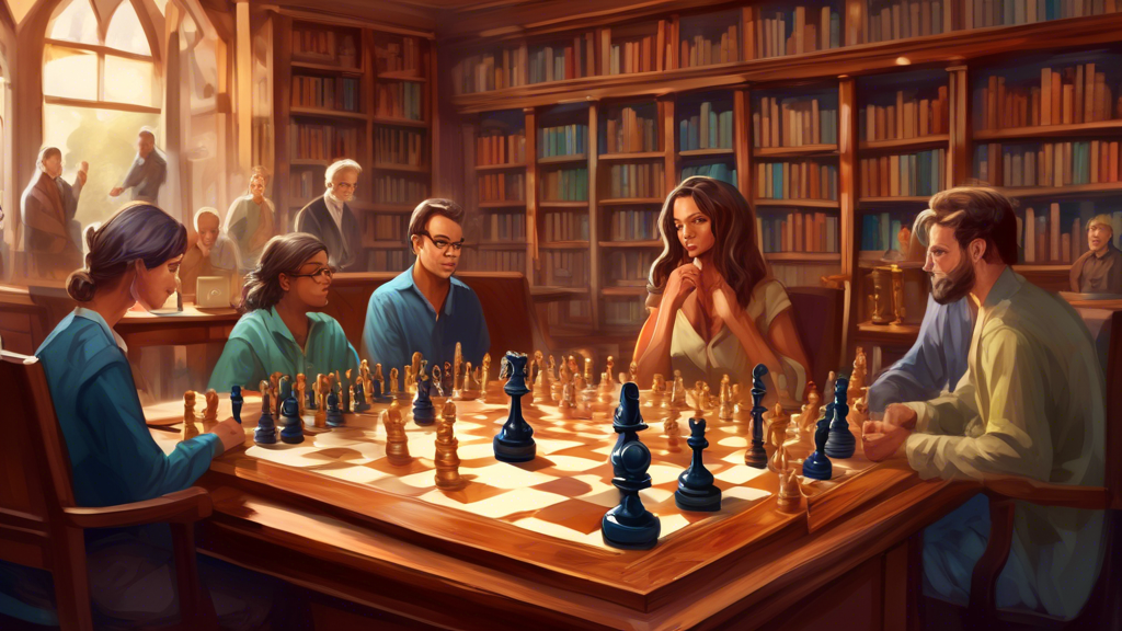 An elegant and thoughtful digital painting of a large, traditional wooden chessboard and pieces set up in a serene library, with a diverse group of people of varying ages and backgrounds observing, wh