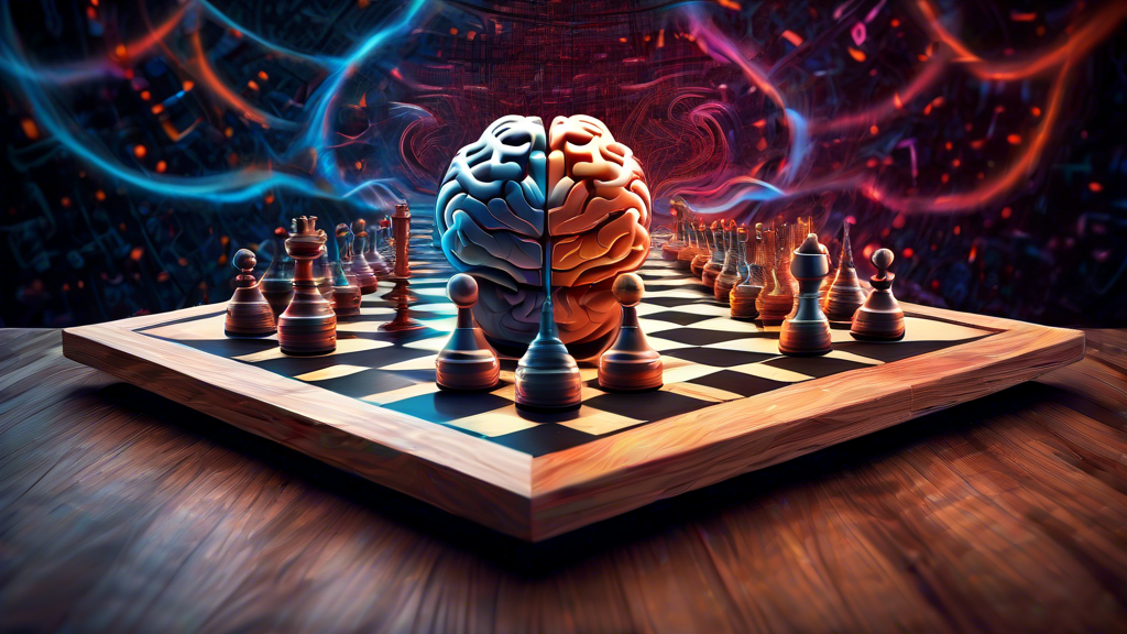 A digital artwork depicting a futuristic AI brain entwined with a classic wooden chess board, with pieces in a complex endgame position, set against a backdrop of swirling mathematical equations and b