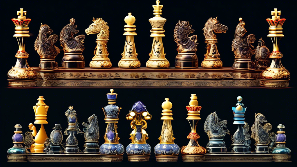 Create an image of a lavish, intricately designed chess set featuring opulent materials and exquisite craftsmanship. Capture the elegance and sophistication of the set, showcasing the fine details and