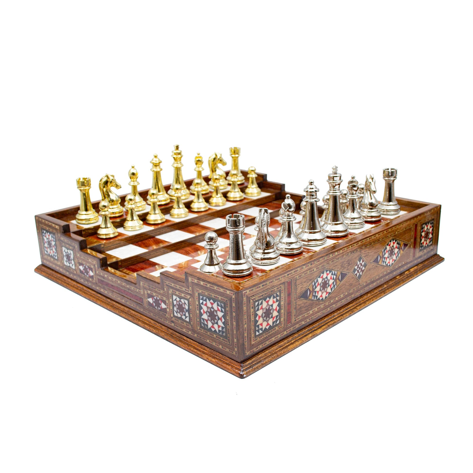 Unique Arena Chess Board with Classic Luxury Metal Chess Pieces (Stairs Chess Board)