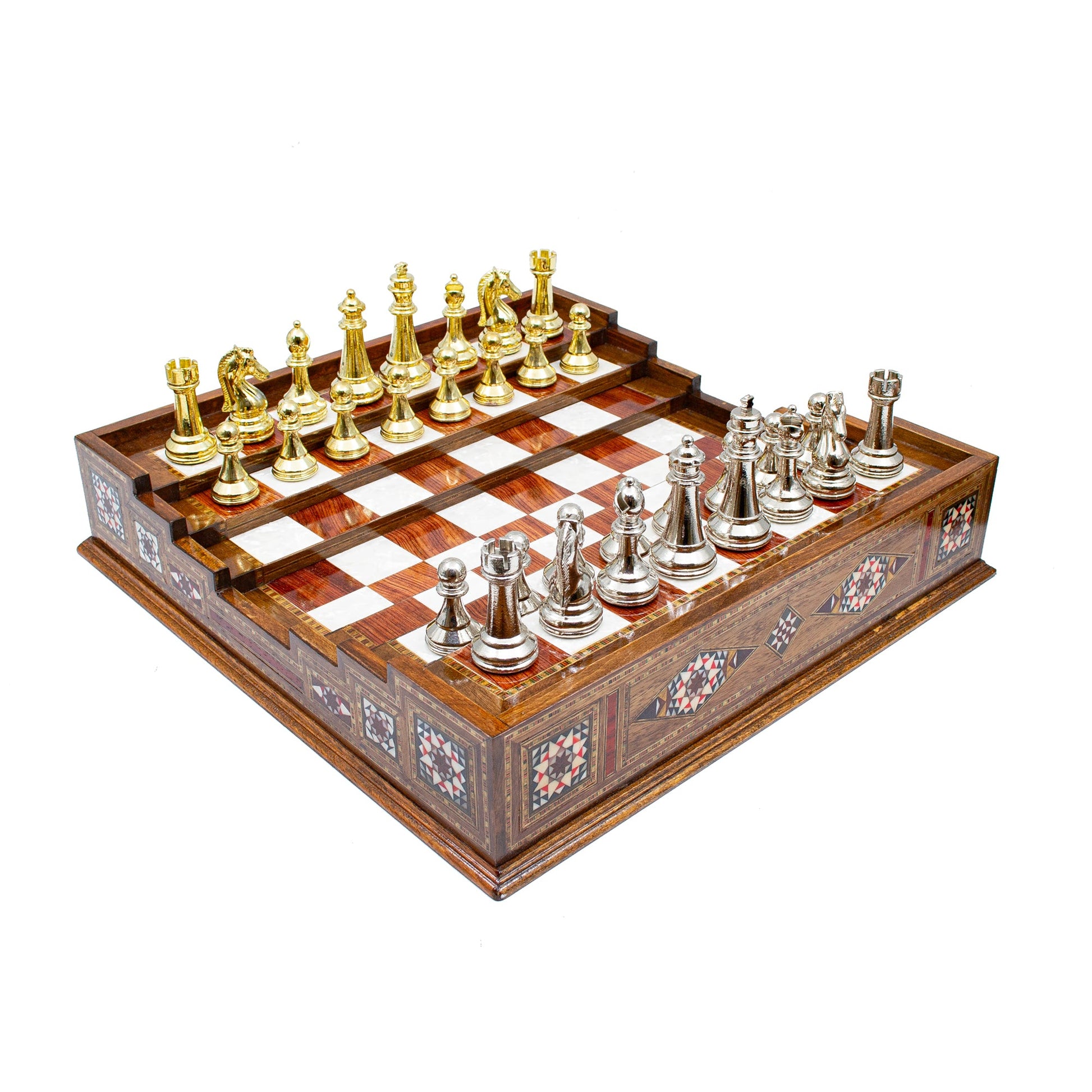 Unique Arena Chess Board with Classic Luxury Metal Chess Pieces (Stairs Chess Board)