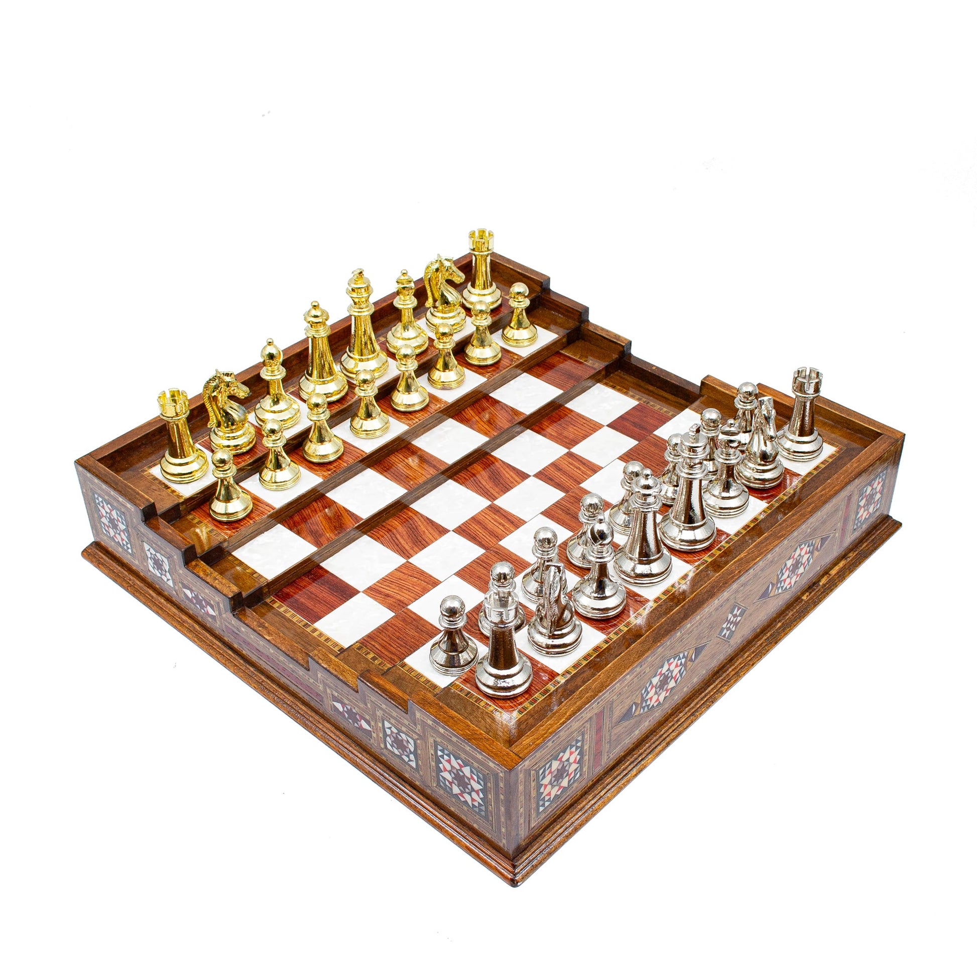 Unique Arena Chess Board with Classic Luxury Metal Chess Pieces (Stairs Chess Board)