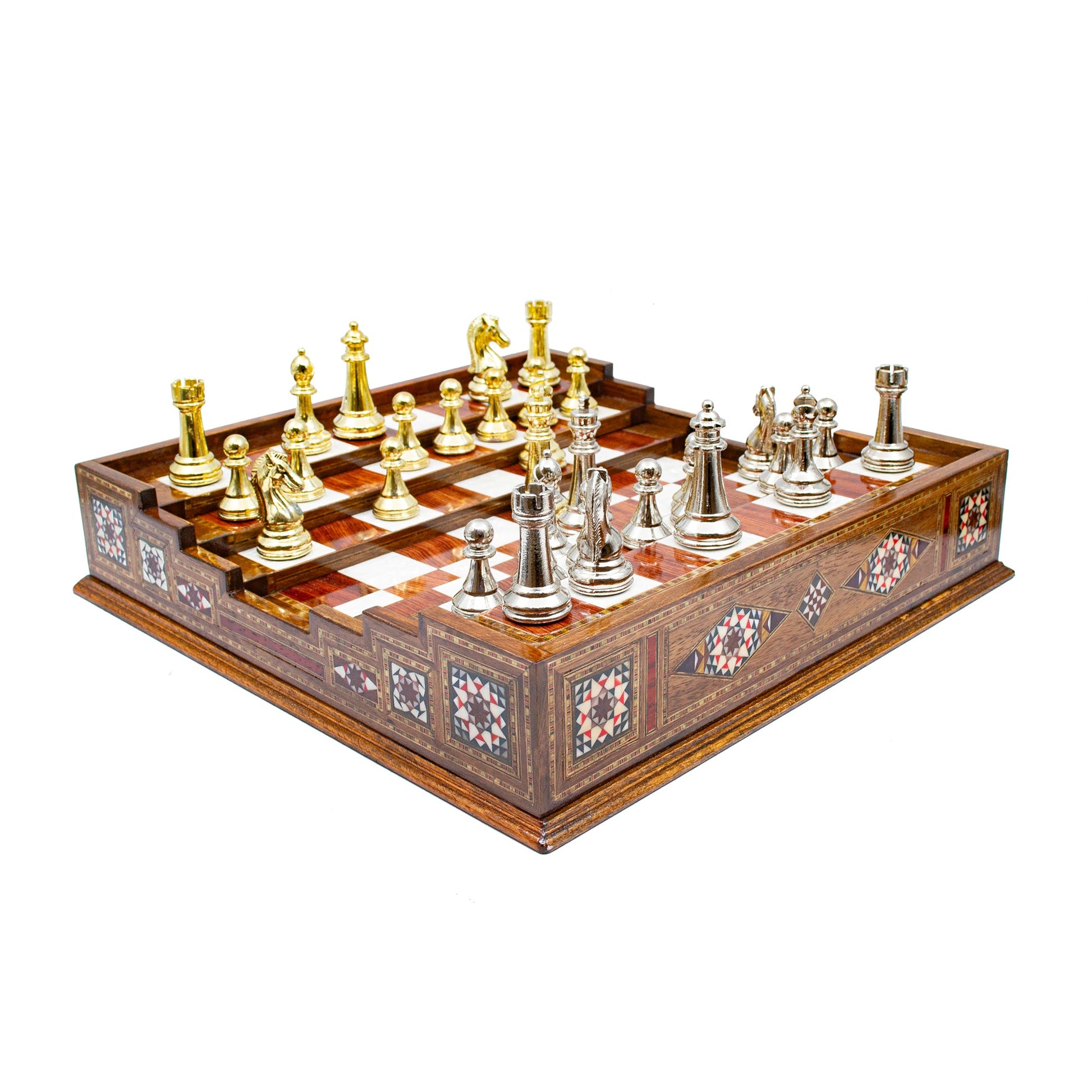 Unique Arena Chess Board with Classic Luxury Metal Chess Pieces (Stairs Chess Board)
