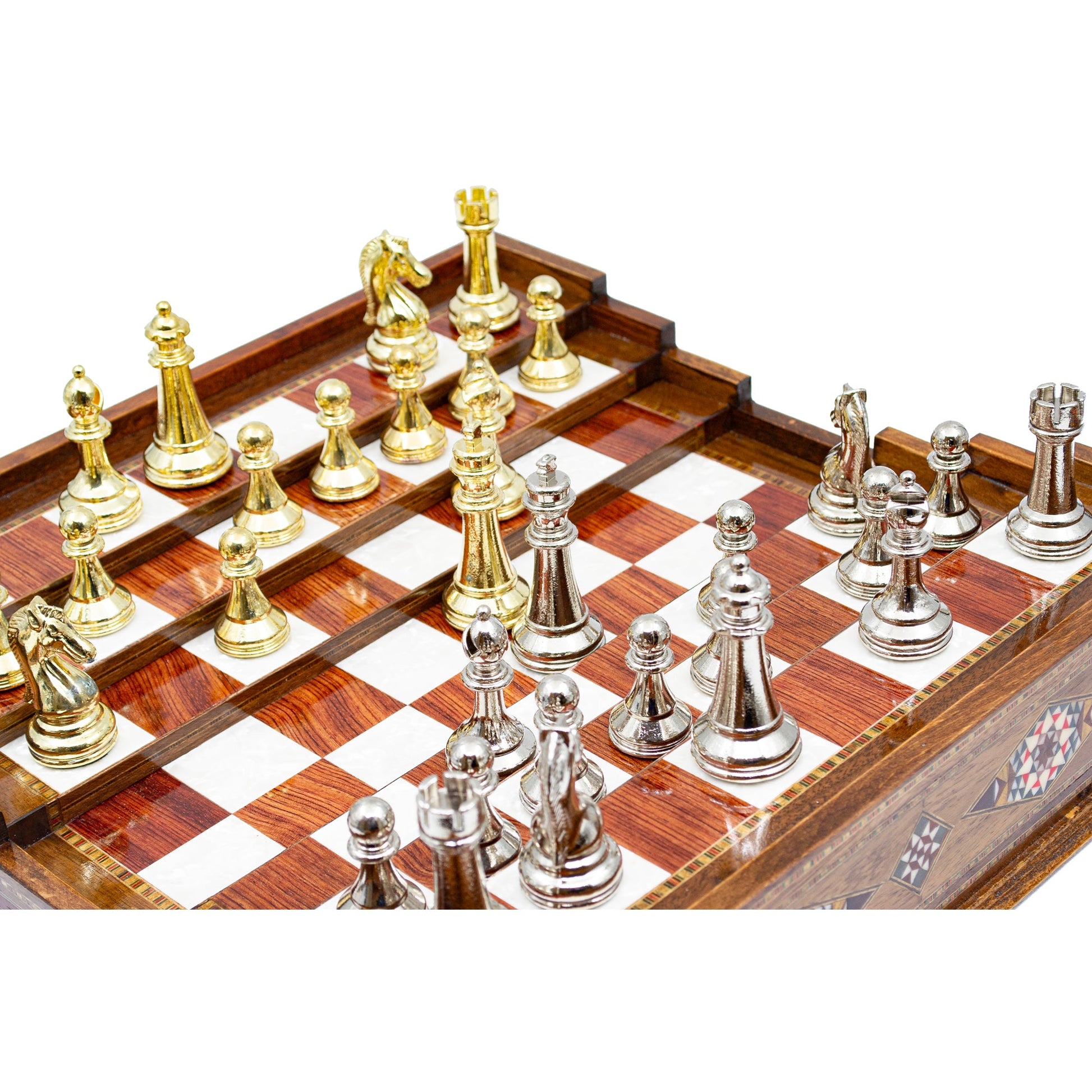Unique Arena Chess Board with Classic Luxury Metal Chess Pieces (Stairs Chess Board)