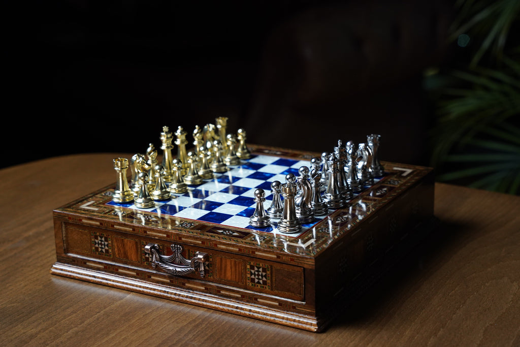 Handmade Luxury Chess Set With Storage Units (Blue)