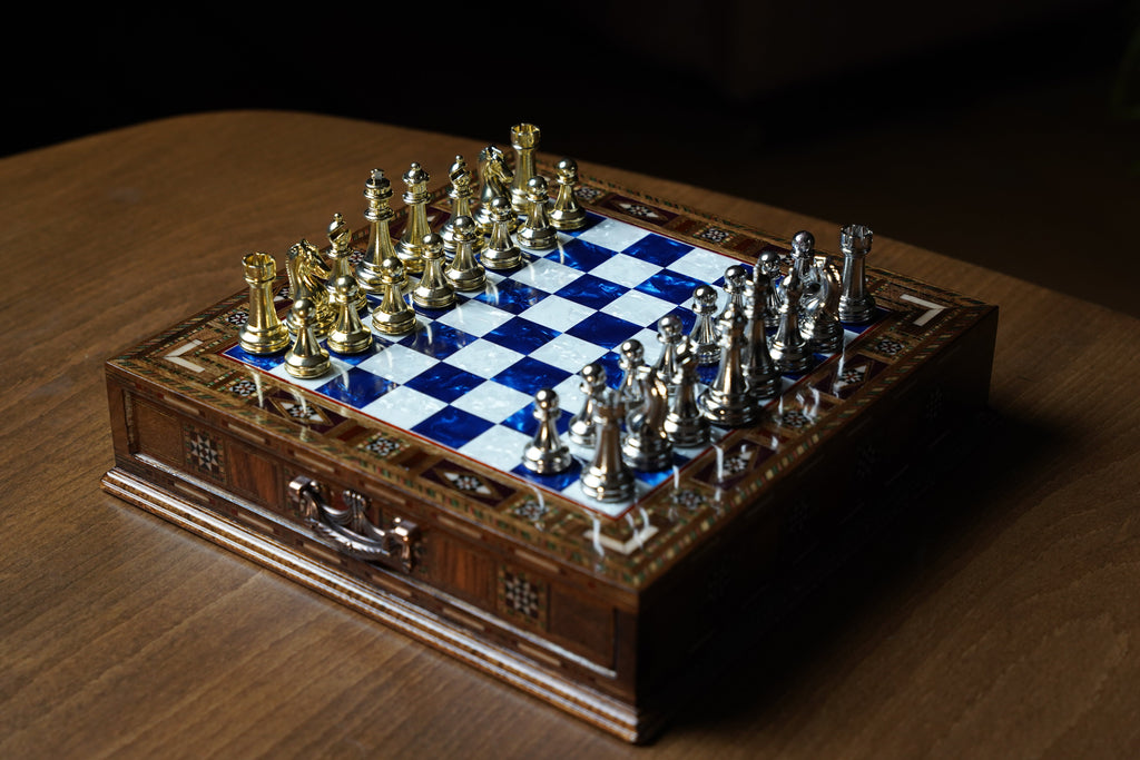 Handmade Luxury Chess Set With Storage Units (Blue)