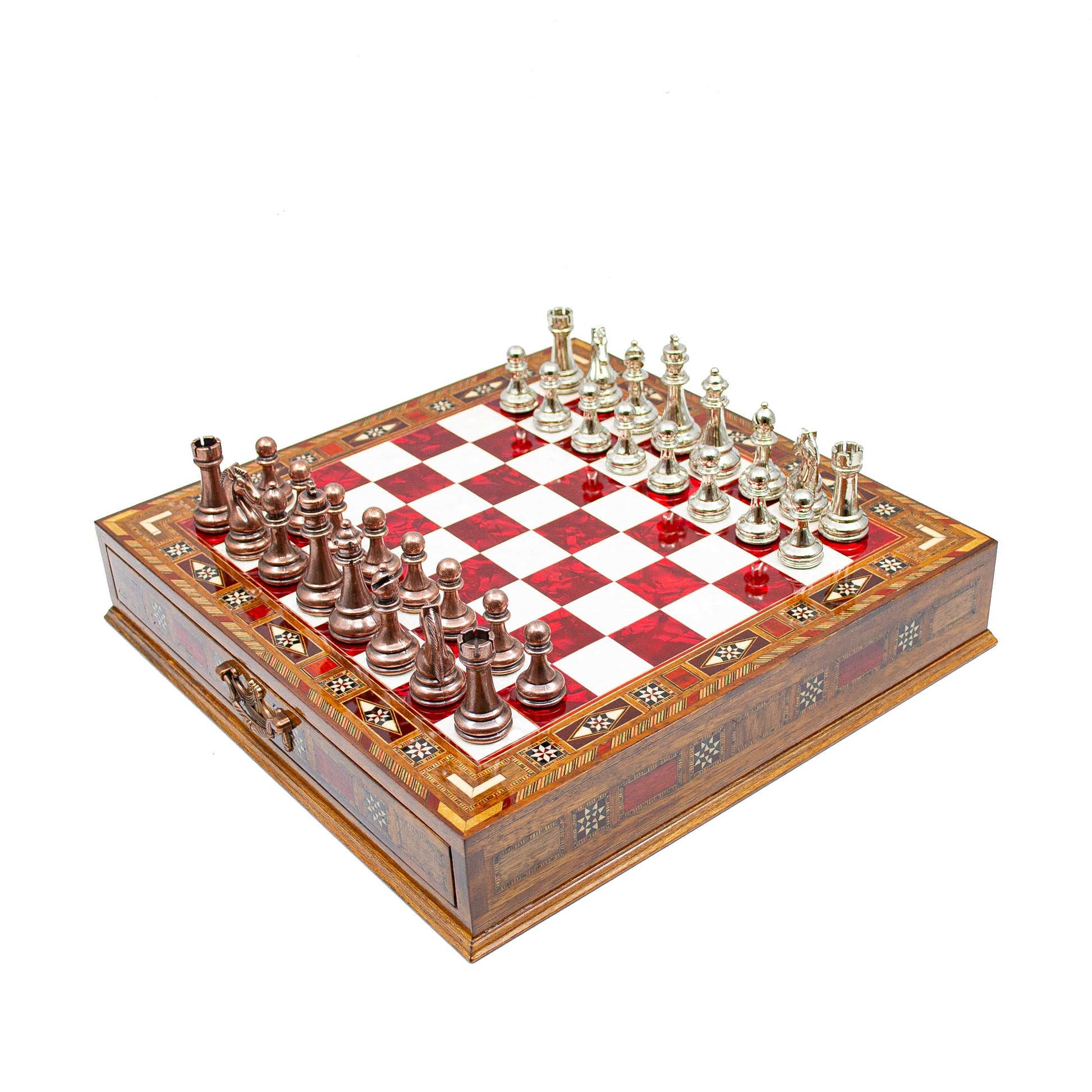 Luxury Wooden Chess Set With Storage Units - Copper And Silver Metal Chess Pieces
