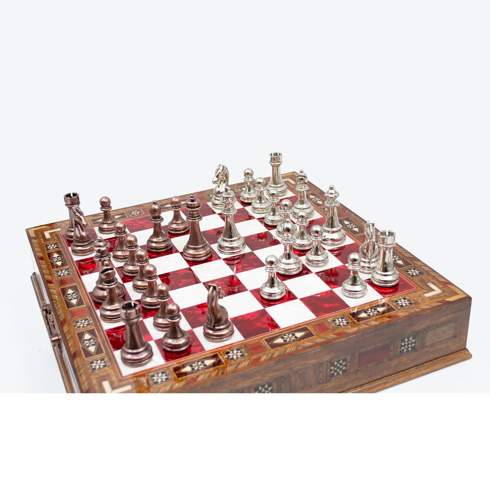 Luxury Wooden Chess Set With Storage Units - Copper And Silver Metal Chess Pieces
