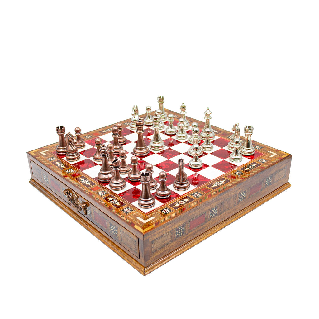 Luxury Wooden Chess Set With Storage Units - Copper And Silver Metal Chess Pieces