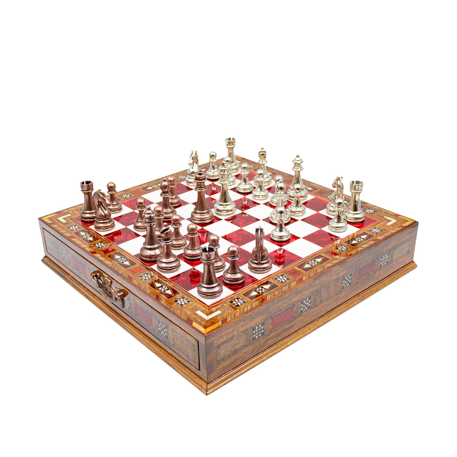 Luxury Wooden Chess Set With Storage Units - Copper And Silver Metal Chess Pieces