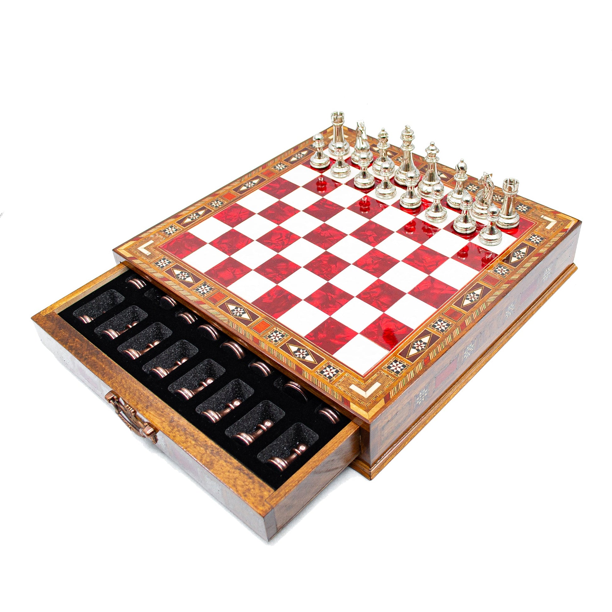 Luxury Wooden Chess Set With Storage Units - Copper And Silver Metal Chess Pieces