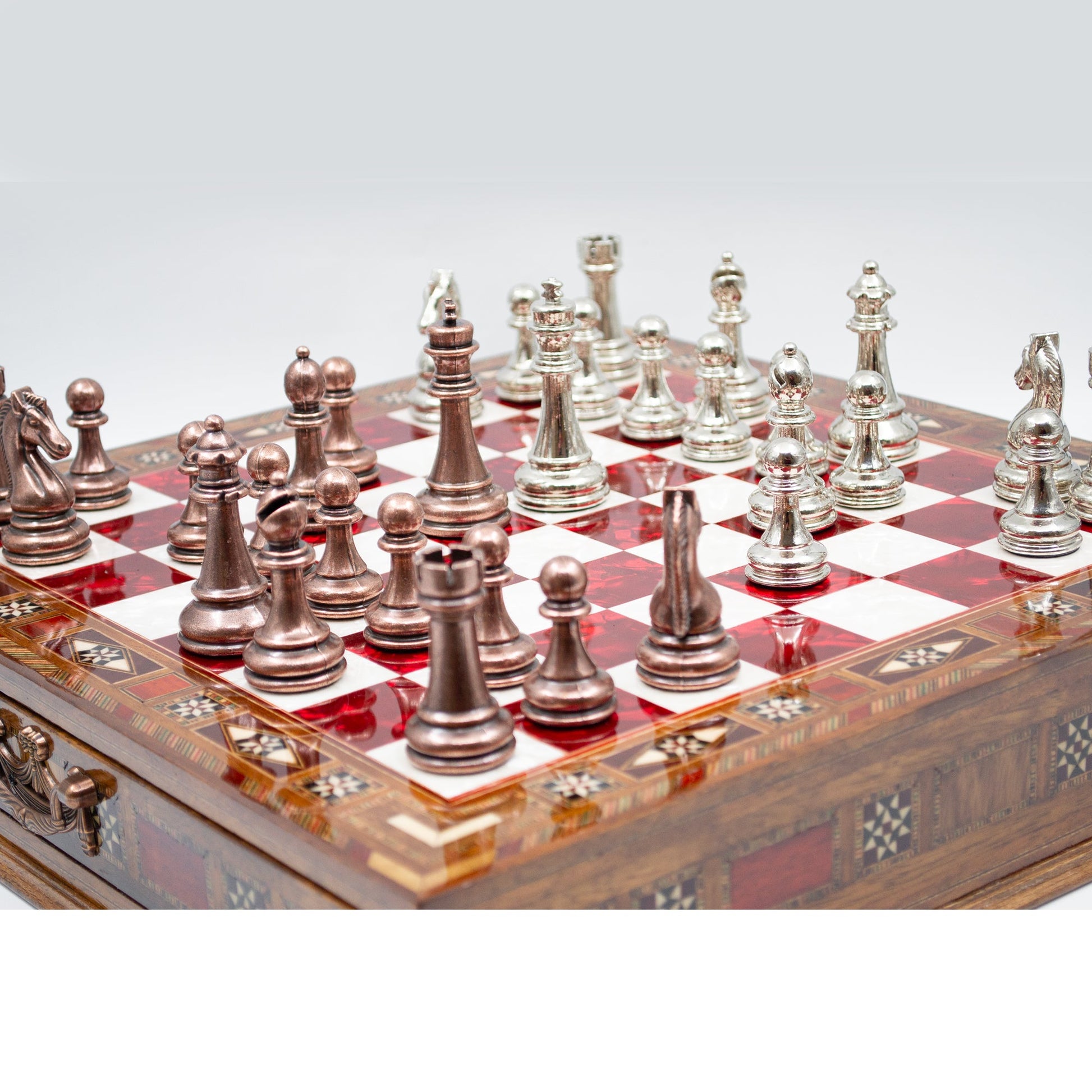 Luxury Wooden Chess Set With Storage Units - Copper And Silver Metal Chess Pieces