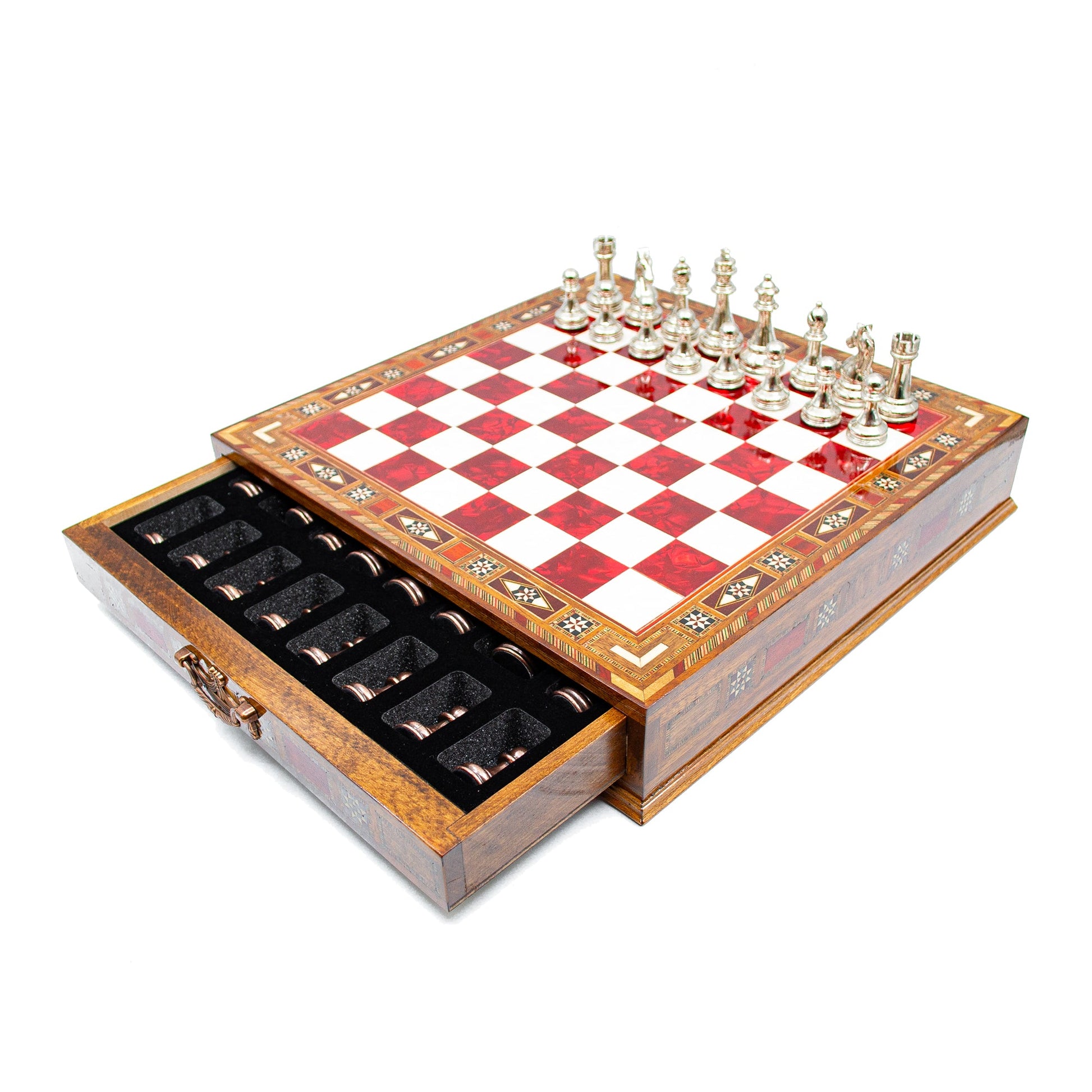 Luxury Wooden Chess Set With Storage Units - Copper And Silver Metal Chess Pieces