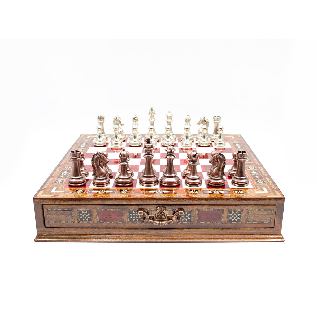 Luxury Wooden Chess Set With Storage Units - Copper And Silver Metal Chess Pieces