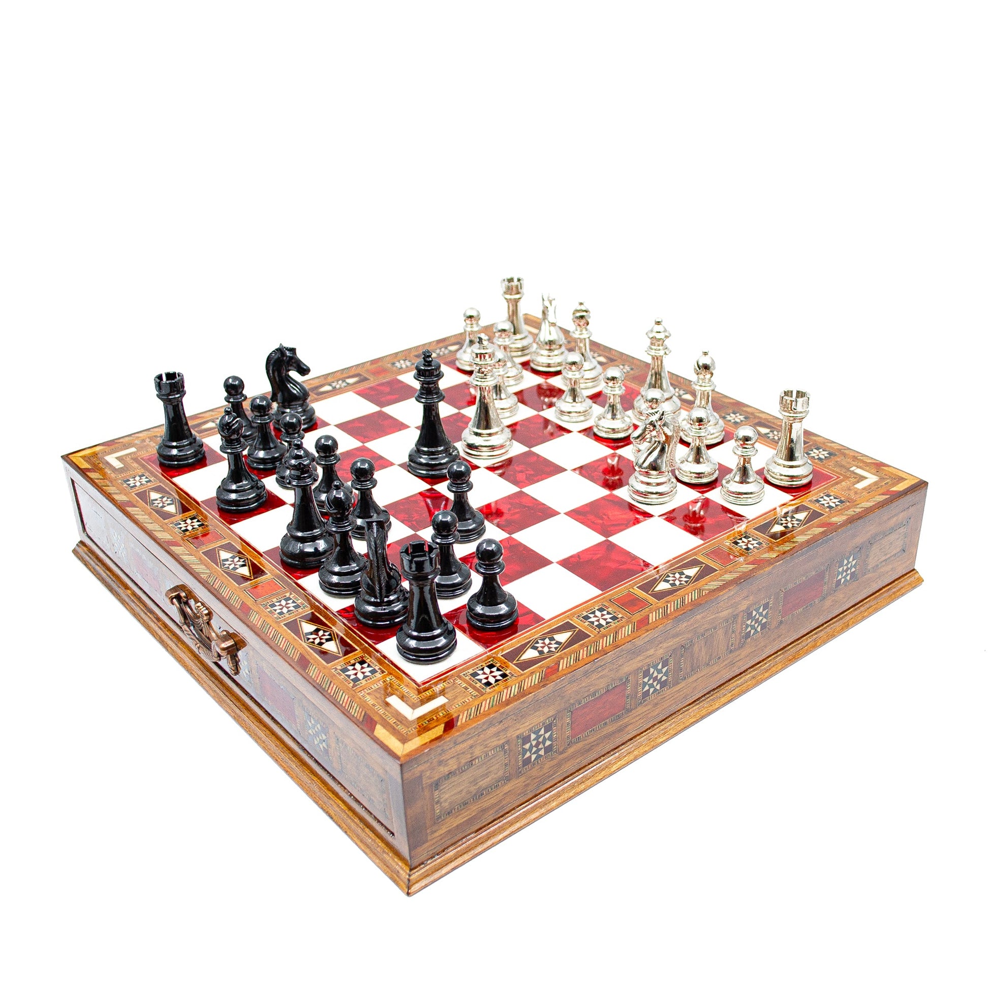 Luxury Wooden Chess Set With Storage Units - Black And Silver Metal Chess Pieces