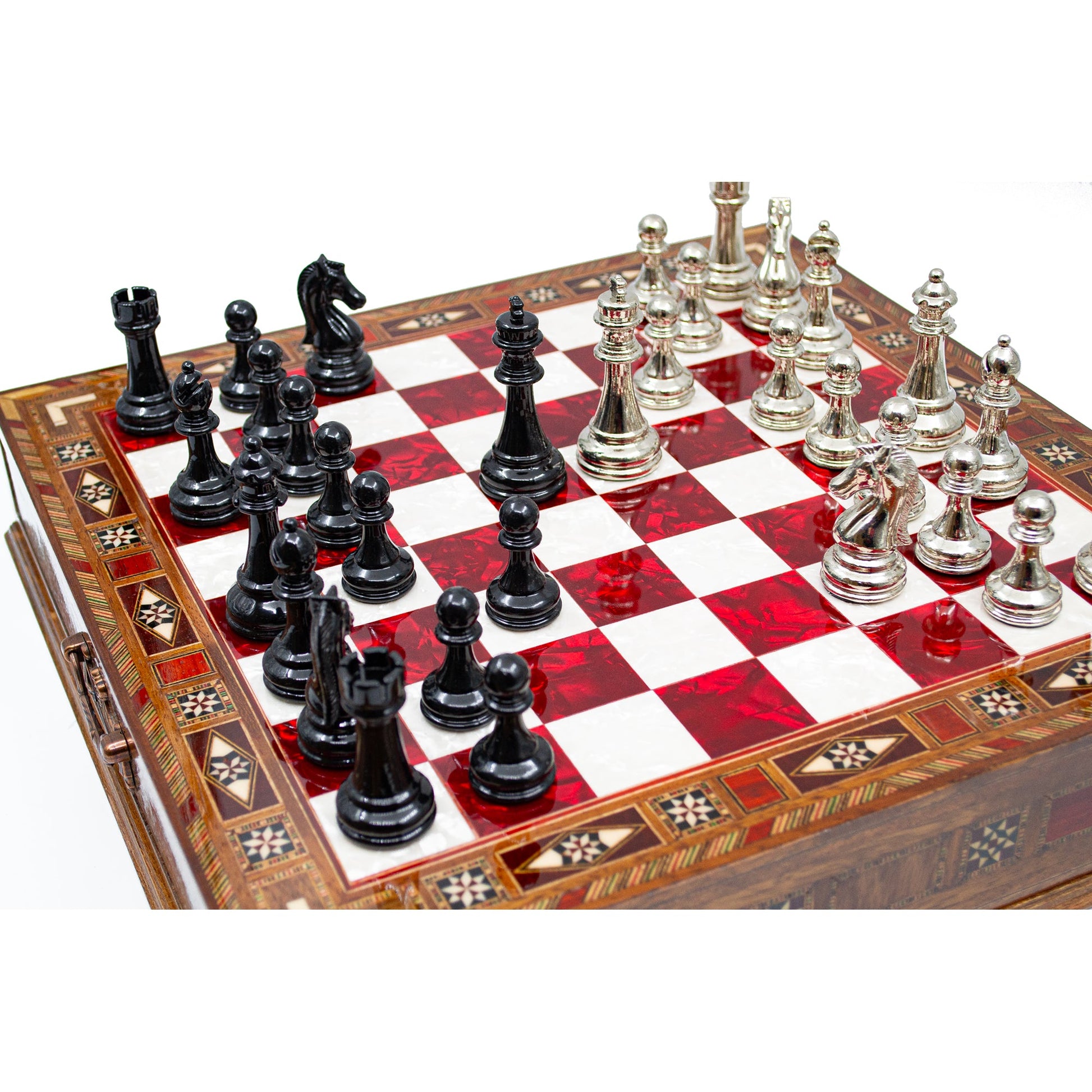 Luxury Wooden Chess Set With Storage Units - Black And Silver Metal Chess Pieces