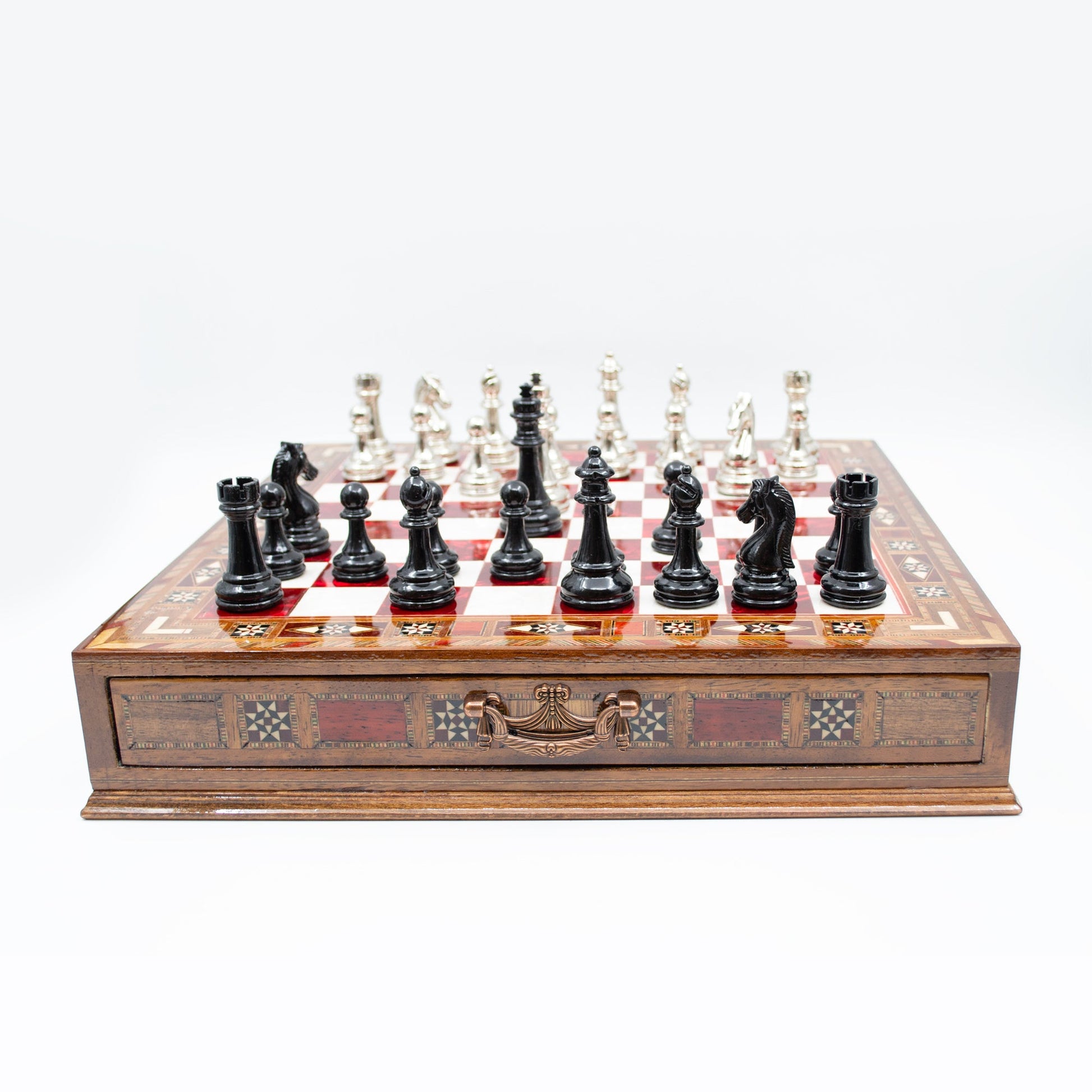 Luxury Wooden Chess Set With Storage Units - Black And Silver Metal Chess Pieces