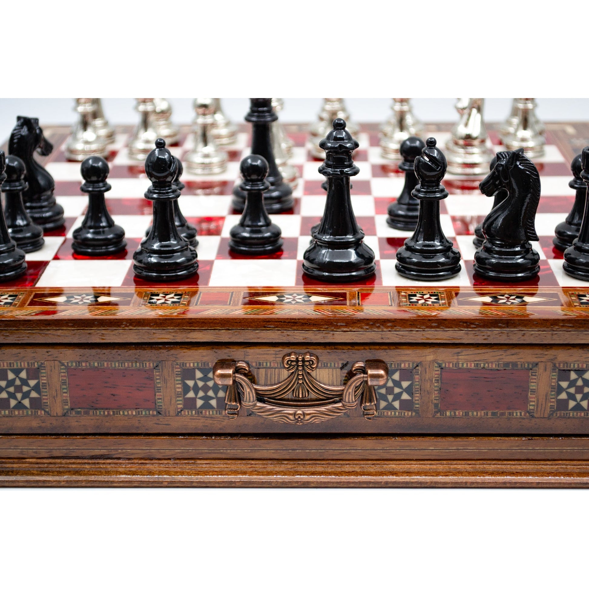 Luxury Wooden Chess Set With Storage Units - Black And Silver Metal Chess Pieces