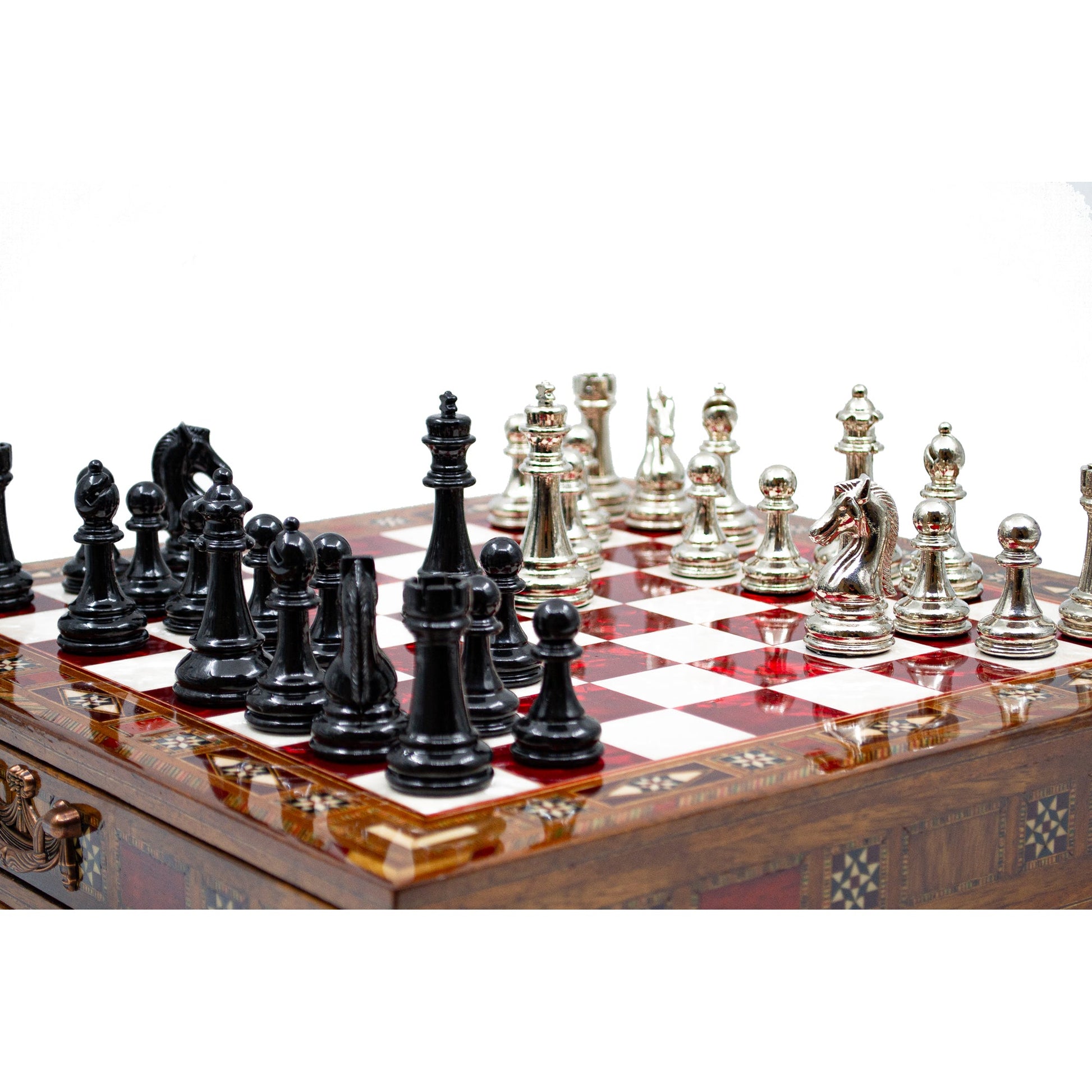 Luxury Wooden Chess Set With Storage Units - Black And Silver Metal Chess Pieces