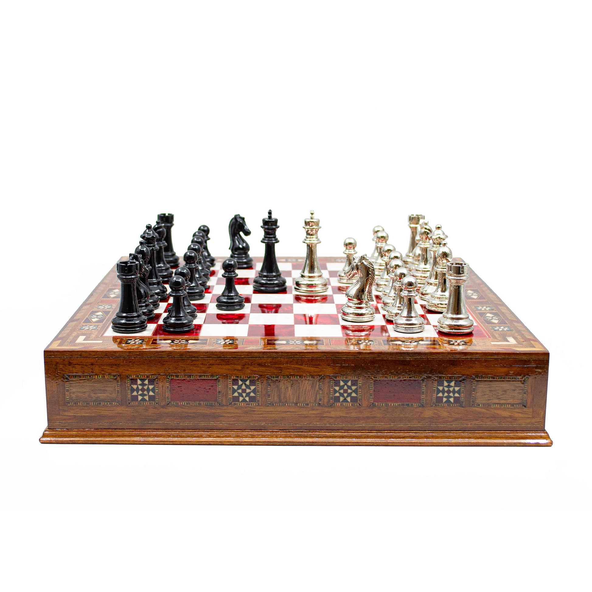 Luxury Wooden Chess Set With Storage Units - Black And Silver Metal Chess Pieces