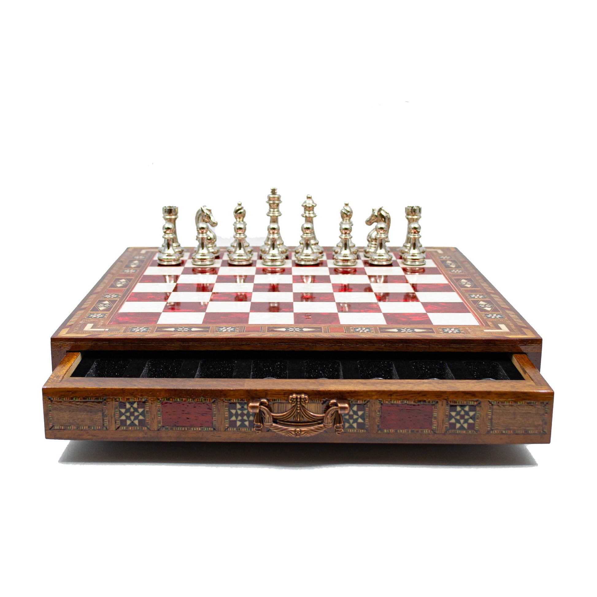 Luxury Wooden Chess Set With Storage Units - Black And Silver Metal Chess Pieces