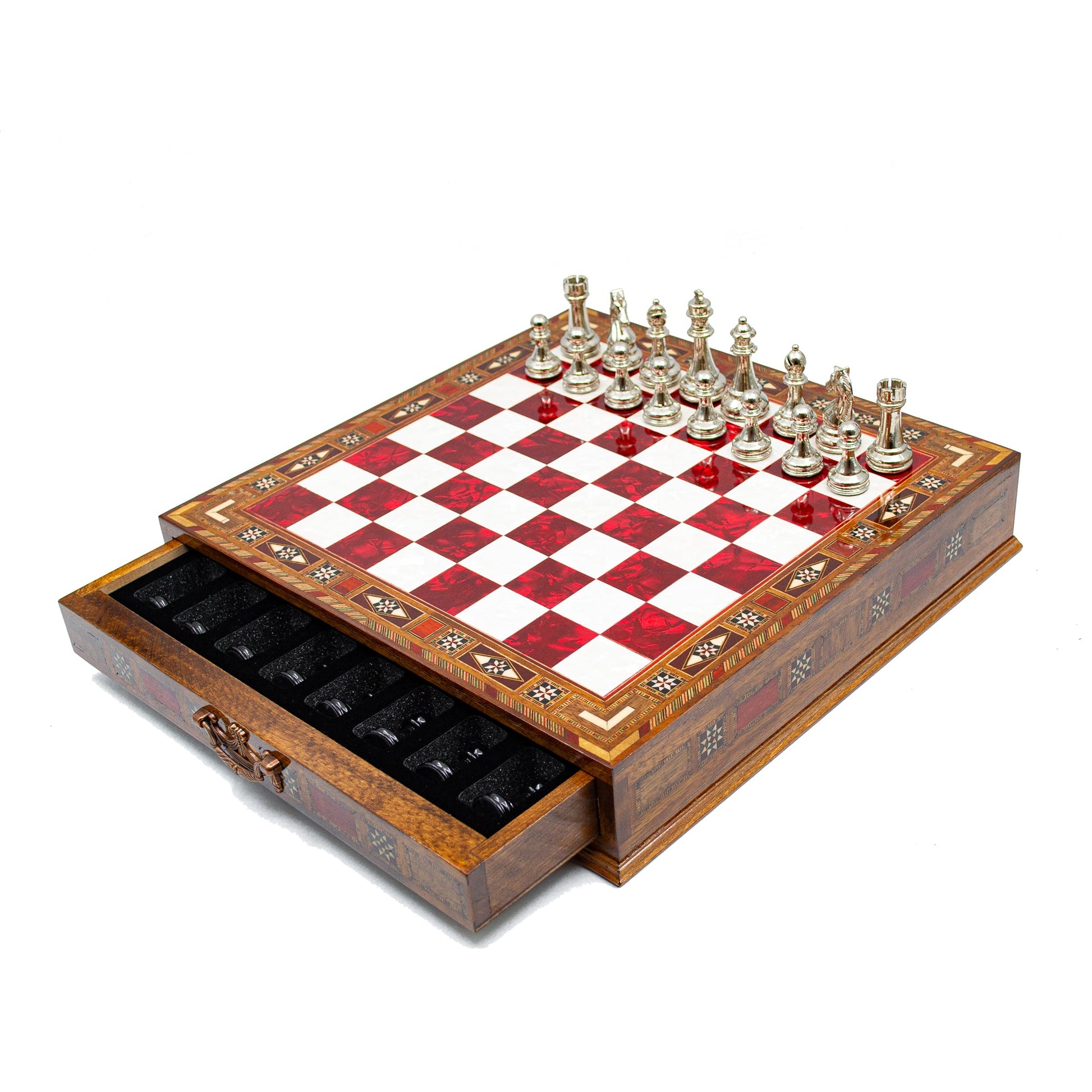 Luxury Wooden Chess Set With Storage Units - Black And Silver Metal Chess Pieces