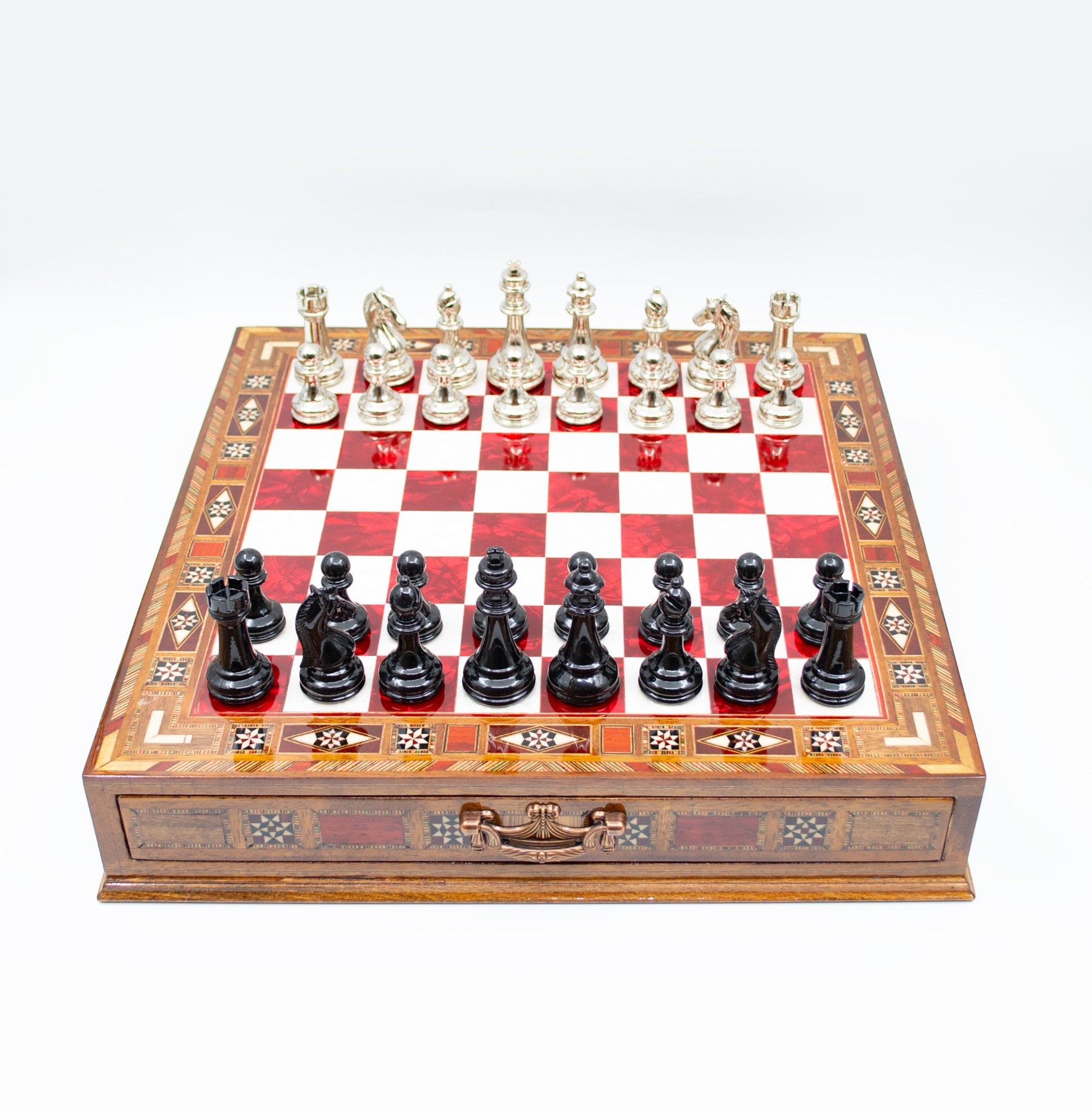 Luxury Wooden Chess Set With Storage Units - Black And Silver Metal Chess Pieces