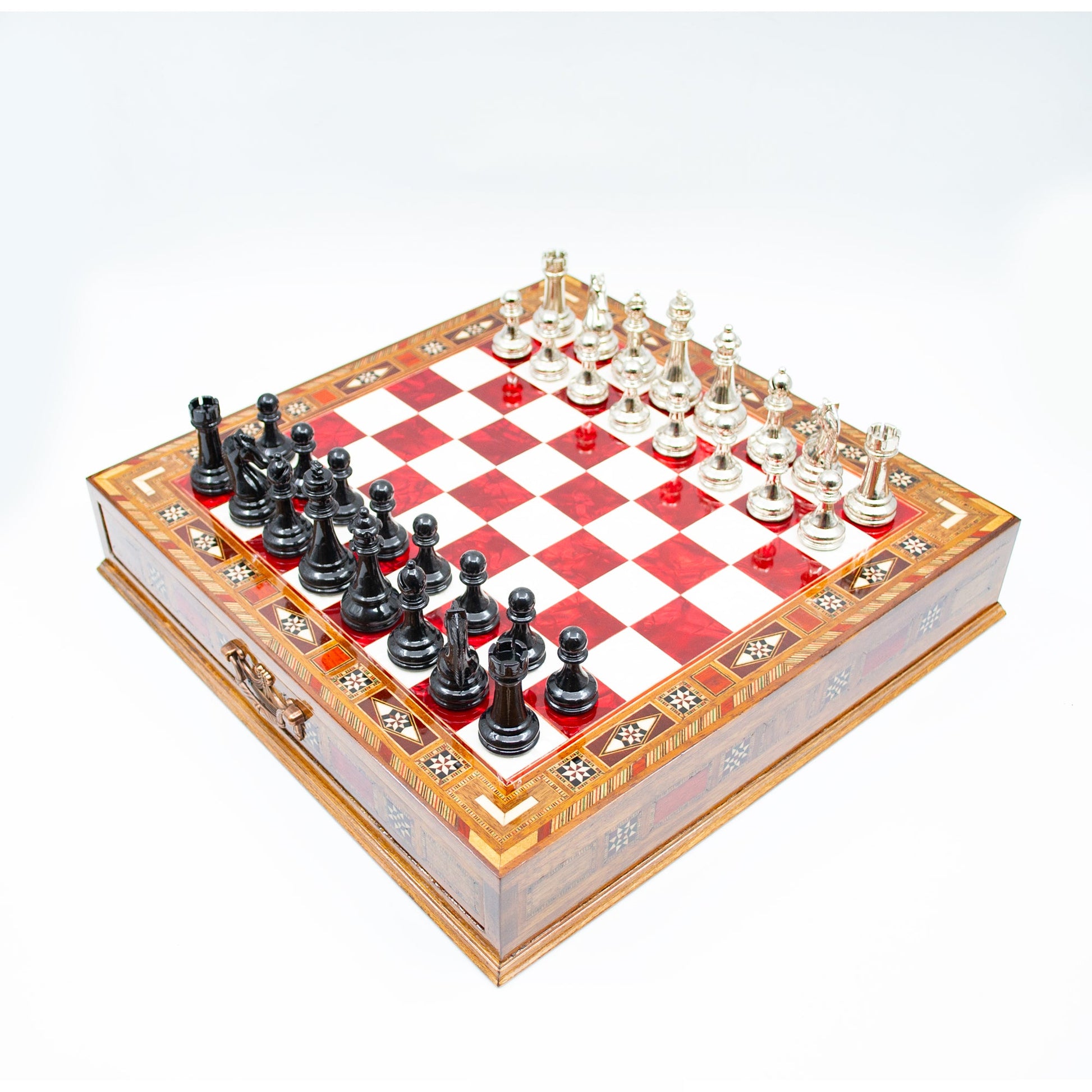 Luxury Wooden Chess Set With Storage Units - Black And Silver Metal Chess Pieces