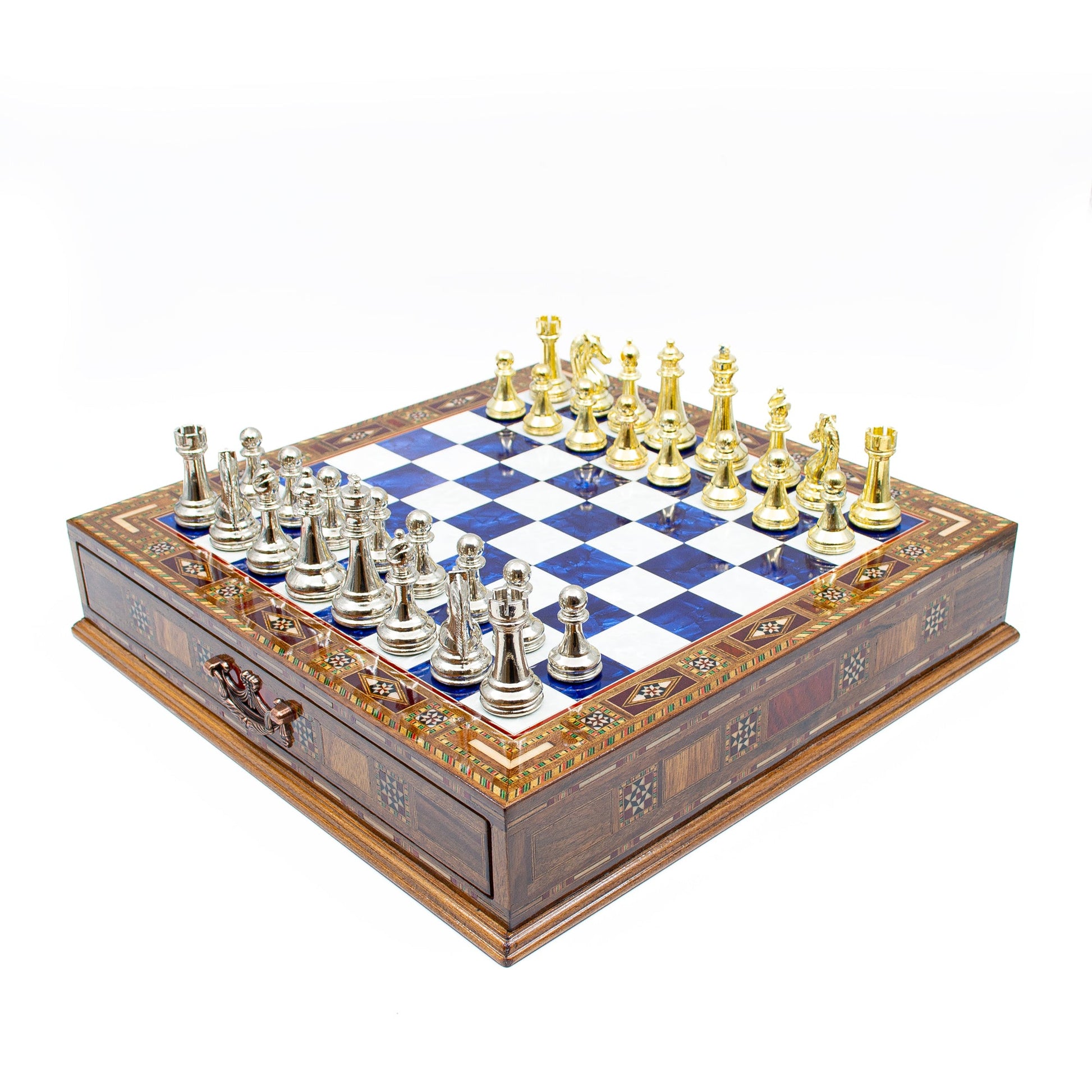 Luxury Wooden Chess Set With Storage Units - Gold And Silver Metal Chess Pieces (Blue)