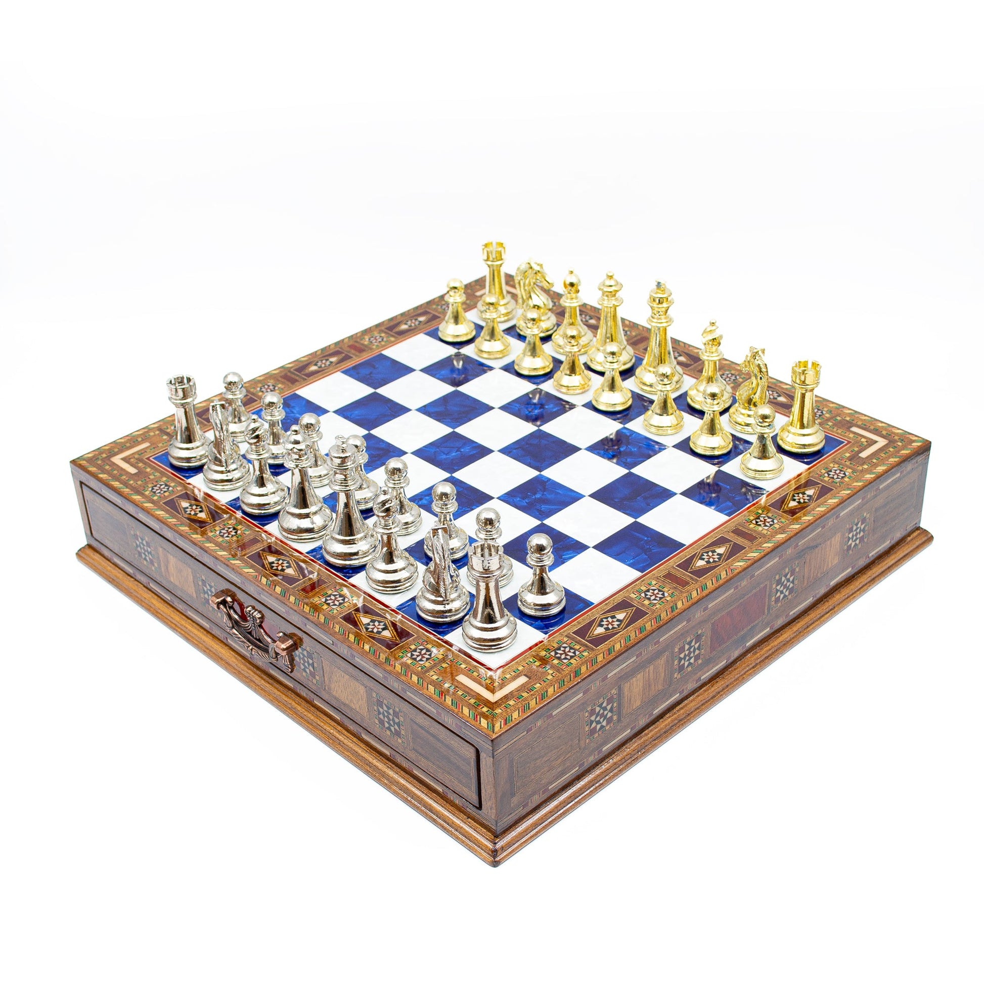 Luxury Wooden Chess Set With Storage Units - Gold And Silver Metal Chess Pieces (Blue)