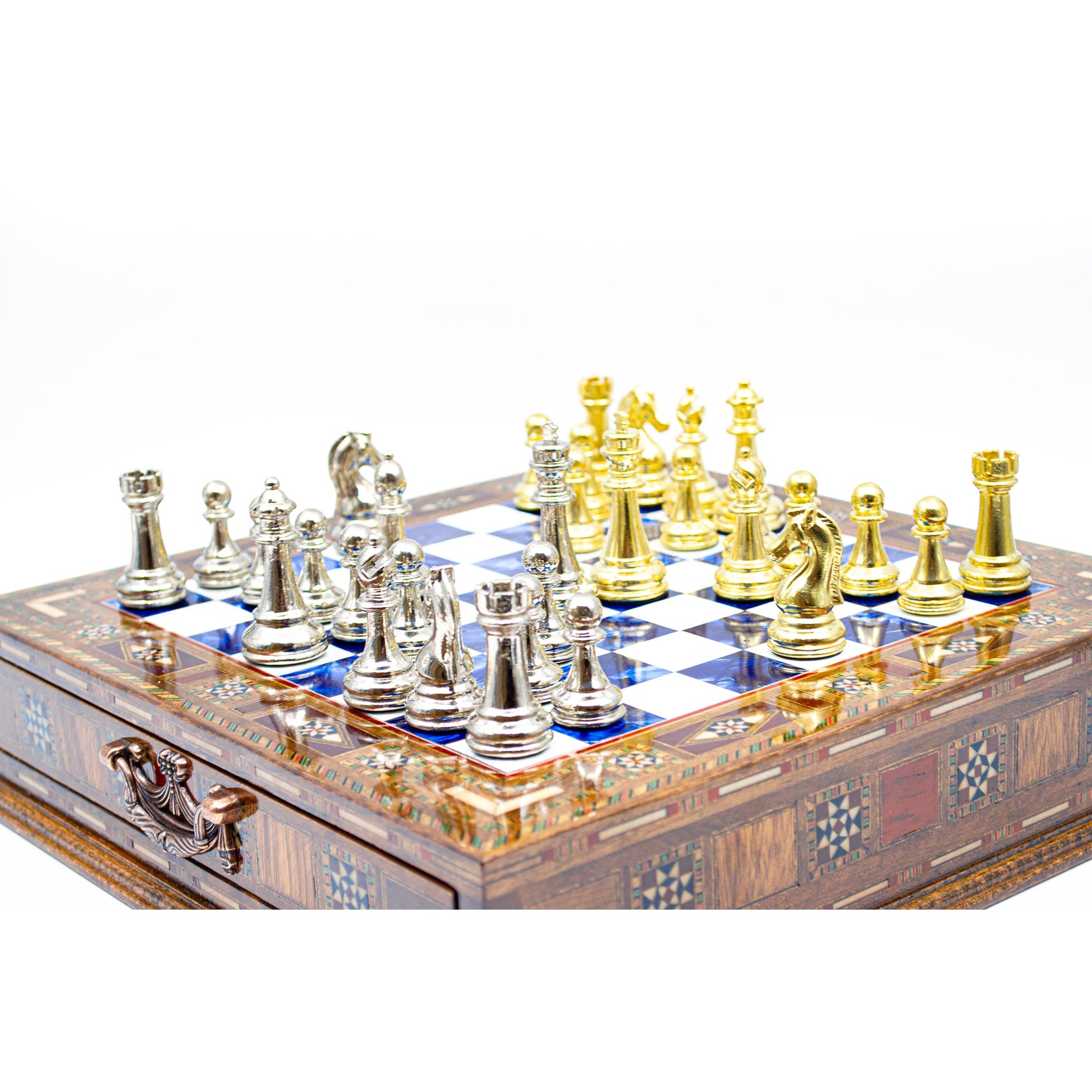Luxury Wooden Chess Set With Storage Units - Gold And Silver Metal Chess Pieces (Blue)
