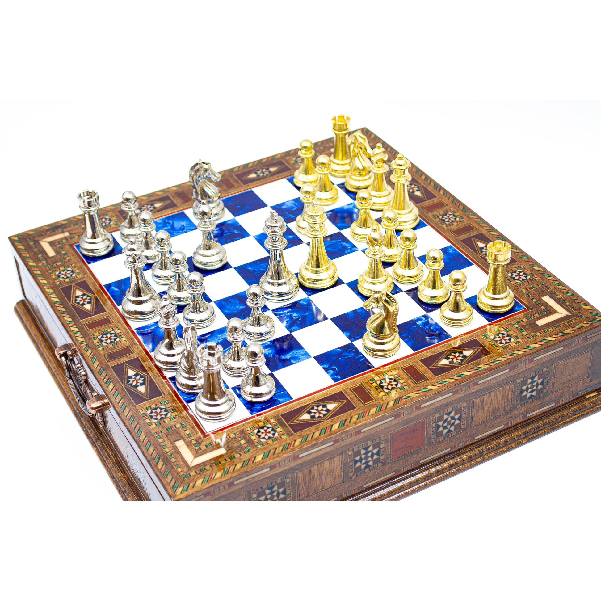 Luxury Wooden Chess Set With Storage Units - Gold And Silver Metal Chess Pieces (Blue)