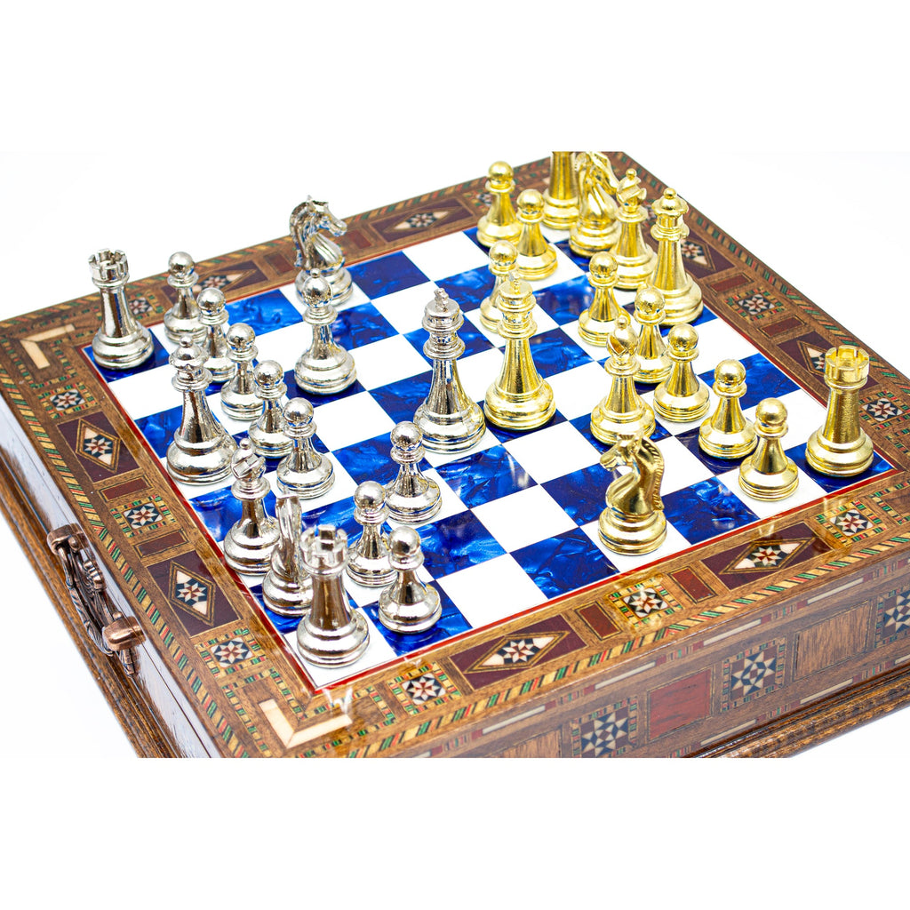 Luxury Wooden Chess Set With Storage Units - Gold And Silver Metal Chess Pieces (Blue)