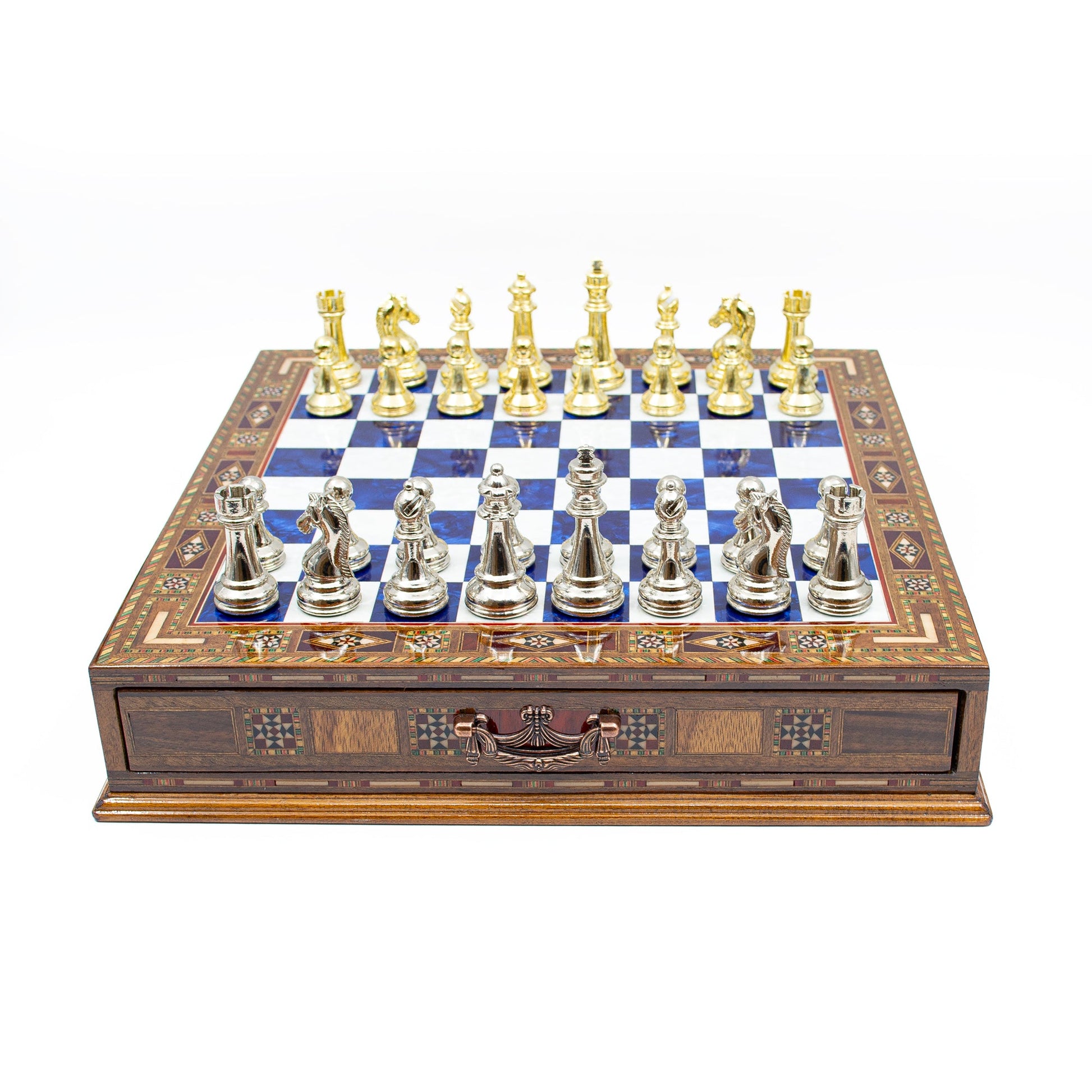 Luxury Wooden Chess Set With Storage Units - Gold And Silver Metal Chess Pieces (Blue)